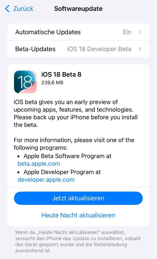 感城镇苹果手机维修分享苹果 iOS / iPadOS 18 开发者预览版 Beta 8 发布 